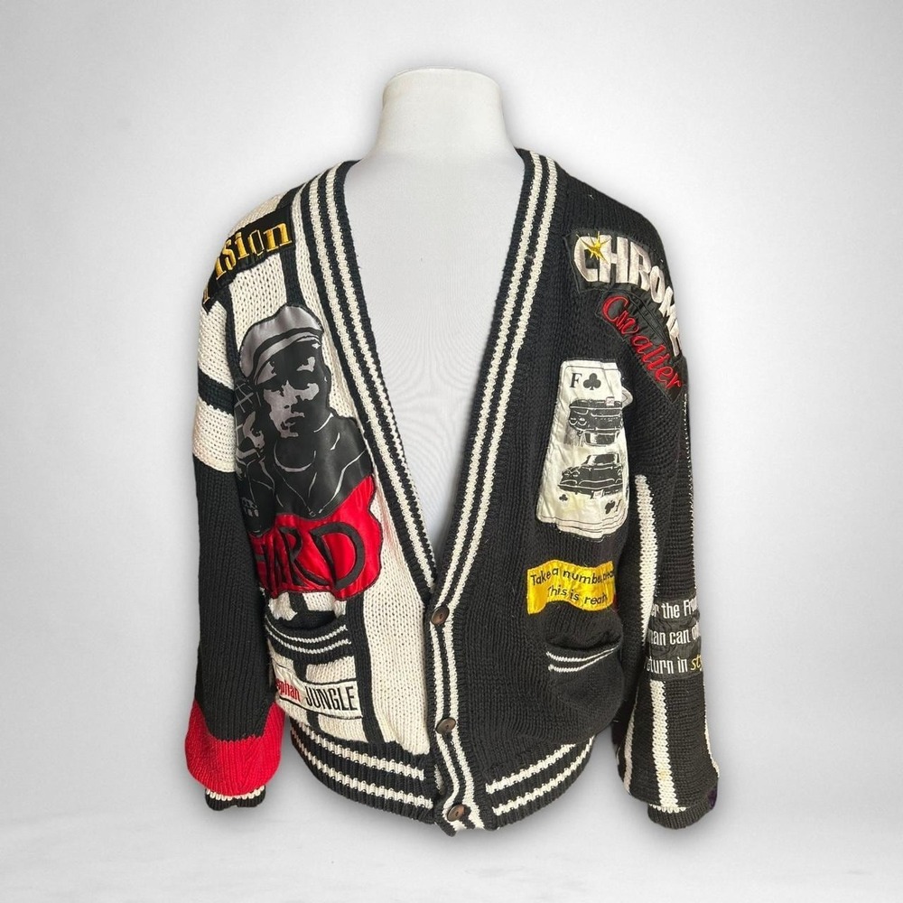 RARE Vintage Frontline Black & White Knit Cardigan. Lined Sz M Made In Korea